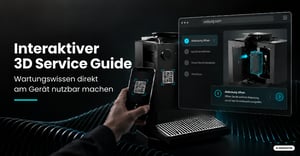 Illustration eines interaktiven 3D Service Guides: Smartphone am QR-Code eines Geräts und browserbasierte, visuell geführte Serviceanleitung.