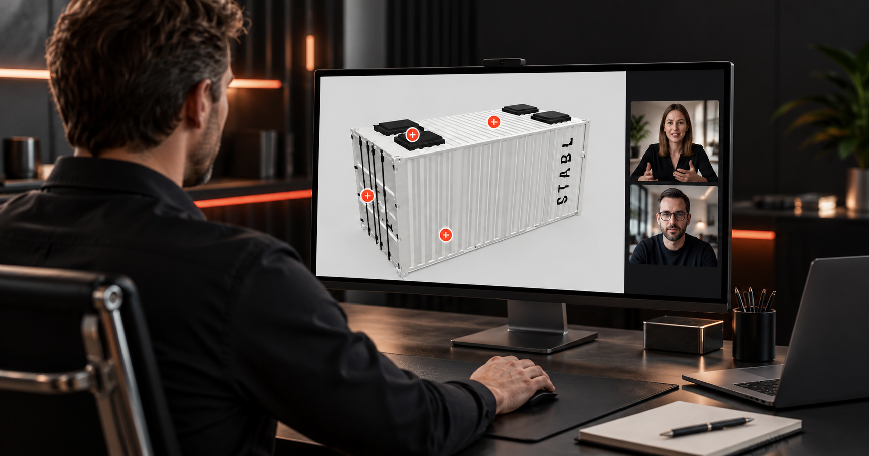 Vertriebsmitarbeiter zeigt ein interaktives 3D Produktmodell während einer Videokonferenz.