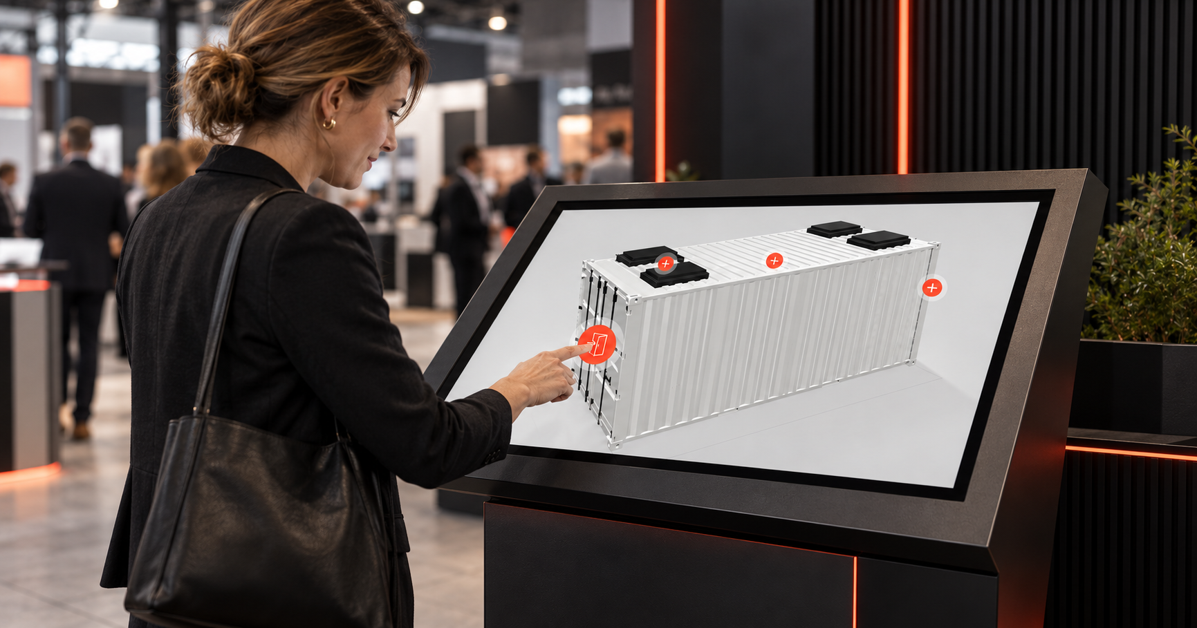 Messebesucherin erkundet ein interaktives 3D Produktmodell an einem Touchscreen-Terminal.