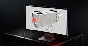 Monitor mit interaktivem 3D Webviewer eines STABL Energiespeichers und markierten Produktdetails.