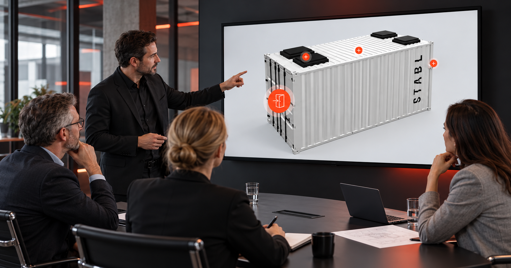 Vier Personen besprechen ein technisches Produkt anhand eines gemeinsamen 3D Modells auf einem Bildschirm.